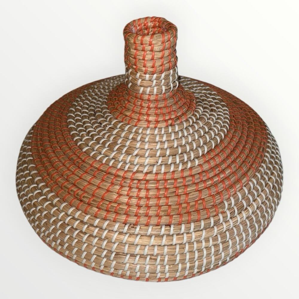 Round Wicker Lidded Decorative Basket Boho Beige/Orange 16in Freestanding - Picture 5 of 7